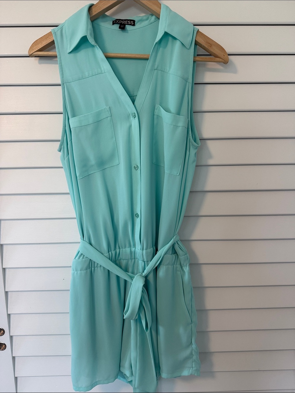 Express Seafoam Green Sleeveless Button Romper with Tie Waist